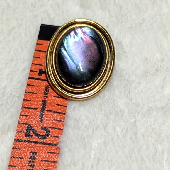 Vintage Goldtone and Faux Black Mother Of Pearl Button Pierced Earrings - Picture 3 of 9